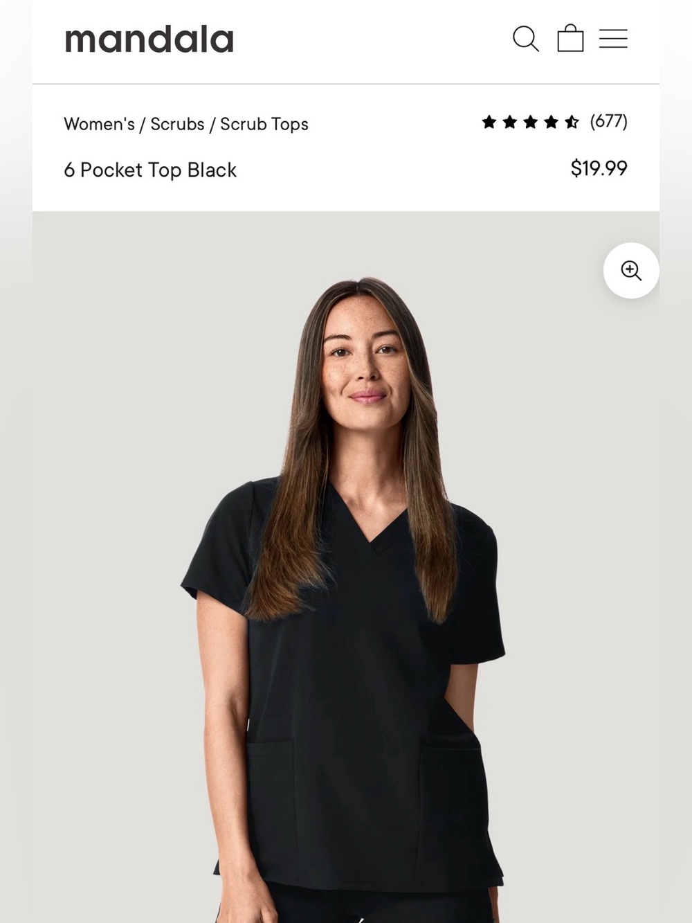 M - Mandala Black V-Neck Scrub 6 pocket Top - Scrubs Shirt